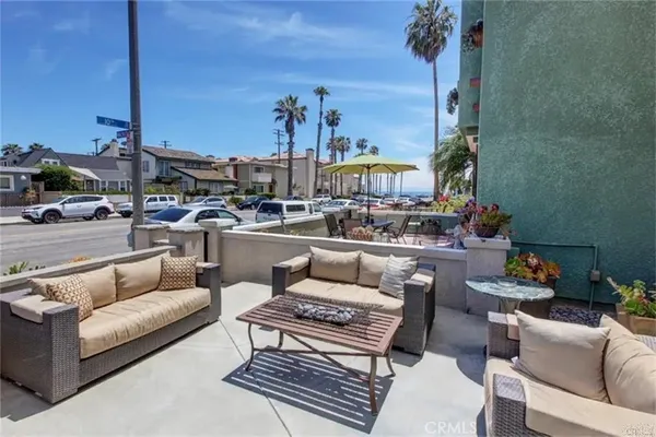 a building outdoor space with patio furniture