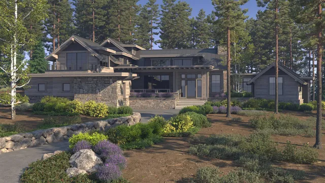 a front view of a house with a yard and a garden