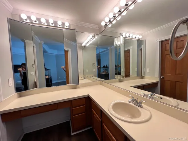 a bathroom with a sink double vanity and a mirror