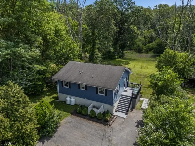 an aerial view of a house with swimming pool and large trees