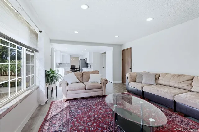 a living room with furniture potted plant and a window