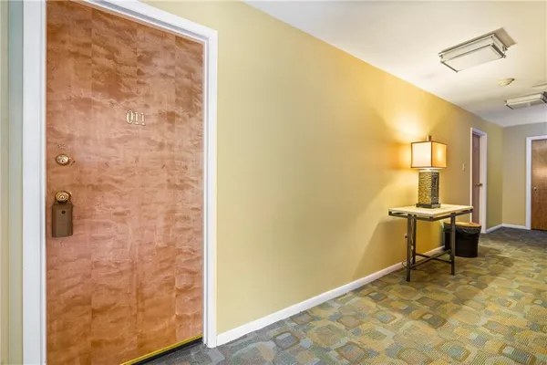 a view of a hallway with a white door