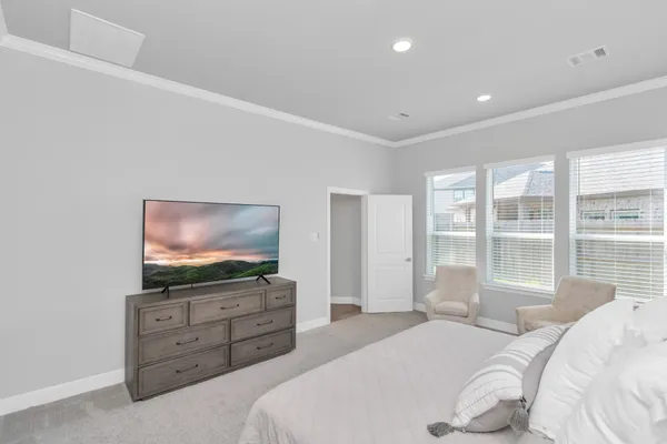 a bedroom with a bed and a flat screen tv