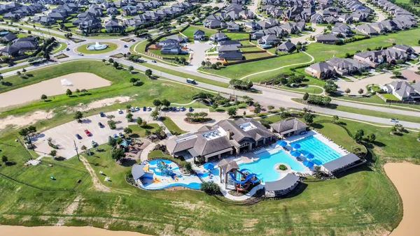 an aerial view of a and swimming pool