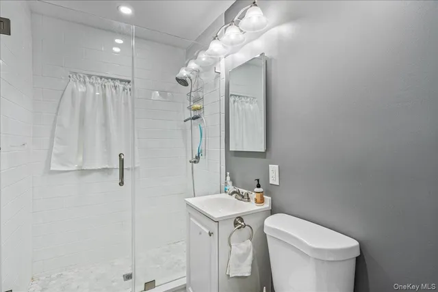a bathroom with a toilet a sink a shower and mirror