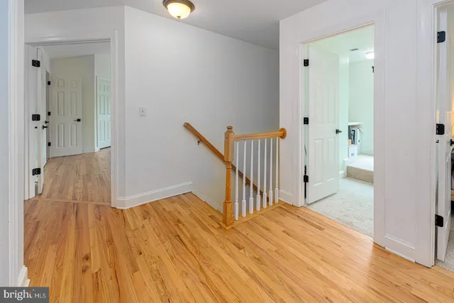 a view of a hallway view with wooden floor and staircase