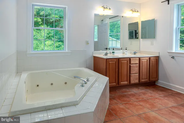 a bathroom with a tub sink and mirror