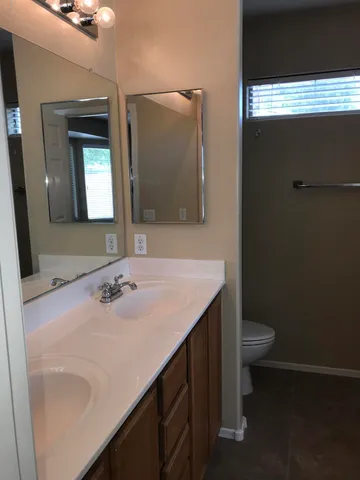 a bathroom with a sink a toilet and mirror