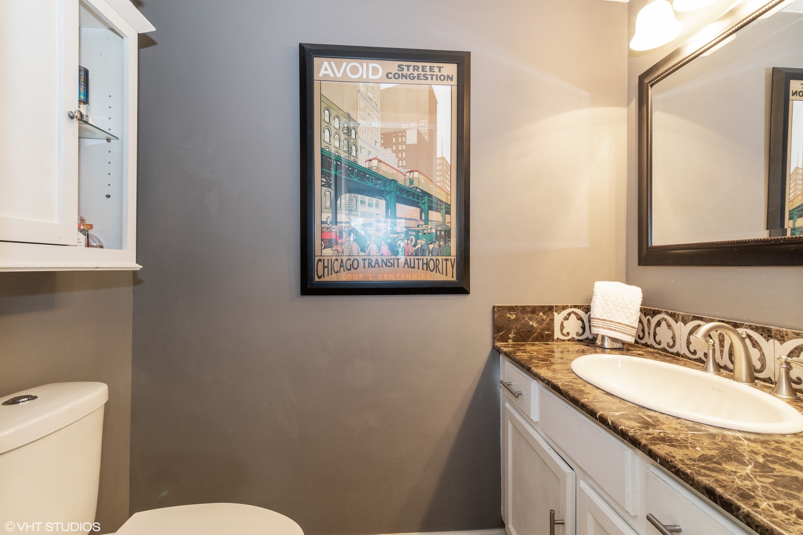 53 Braxton Lane, Unit 53 Aurora, IL 60504 - Photo 13 of 17 a bathroom with a granite countertop sink mirror vanity and toilet