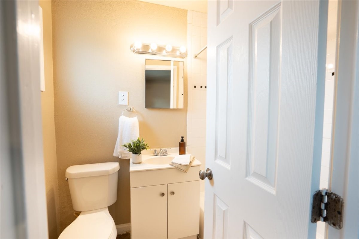 1907 Dismuke Street, Unit 10 Houston, TX 77023 - Photo 7 of 8 a bathroom with a sink a toilet and a mirror