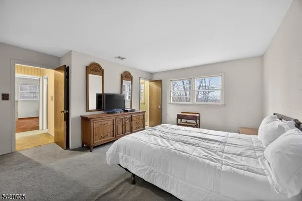 a bedroom with a bed and closet