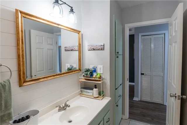 a bathroom with a sink and a mirror