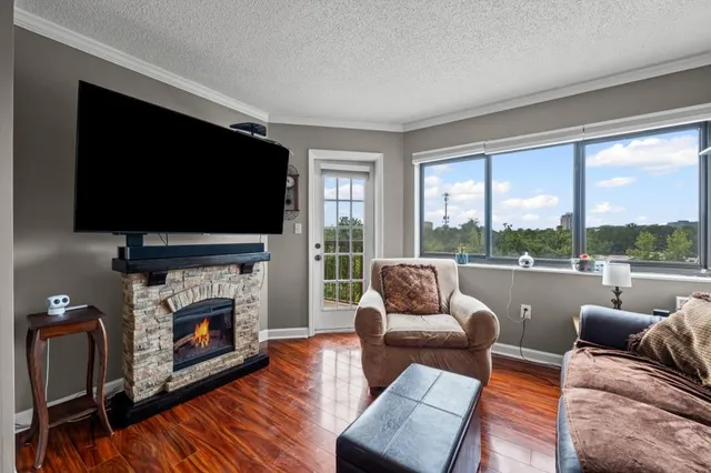 a living room with furniture a flat screen tv and a fireplace
