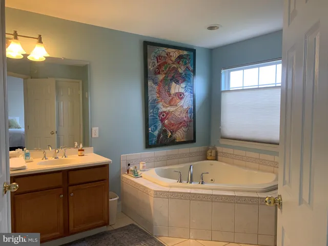 a bathroom with a tub a sink and mirror
