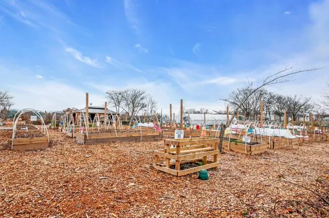 a view of a yard with a table and chairs