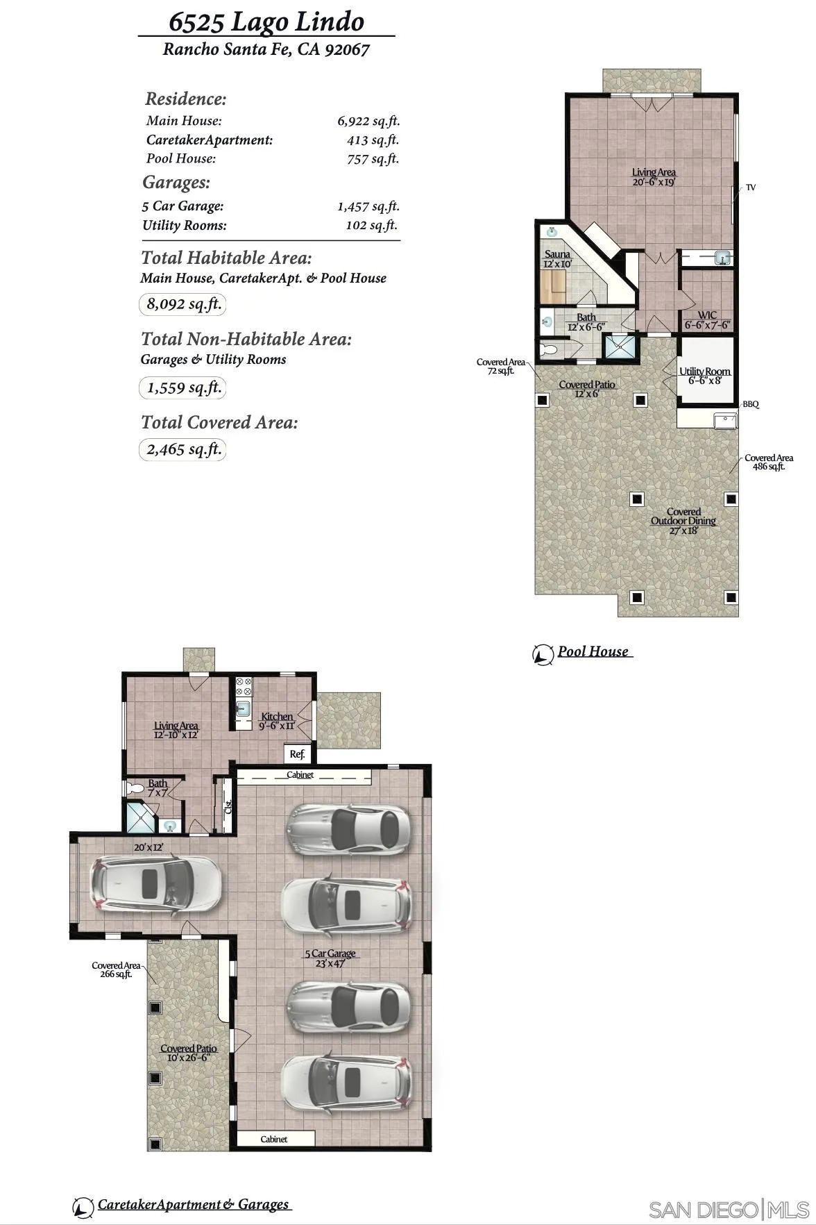 6525 Lago Lindo Rancho Santa Fe, CA 92067 - Photo 47 of 47 Floor Plan of the Garage and Caretaker's Apartment and Cabana with Break Down of total sf.
