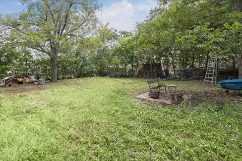 a view of a park with large trees