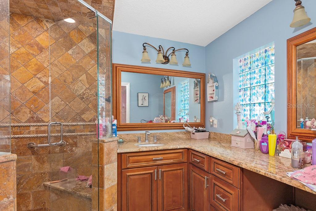 4907 Carlyle Road Tampa, FL 33615 - Photo 18 of 29 a bathroom with a granite countertop sink a large mirror and a shower