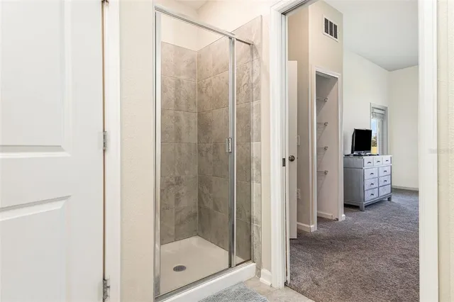 a bathroom with a shower and a sink
