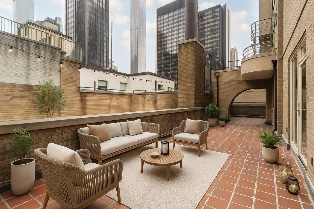 24 West 55th Street, Unit 10E Manhattan, NY 10019 - Photo 8 of 12 a view of balcony with couches table and chairs