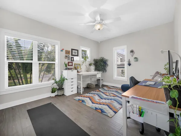 a living room with furniture and a potted plant