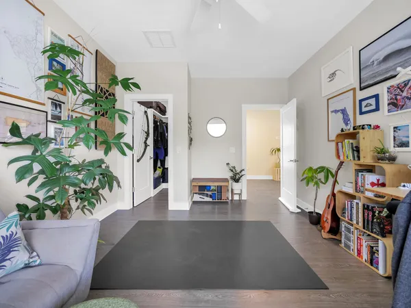 a living room with furniture and a potted plant