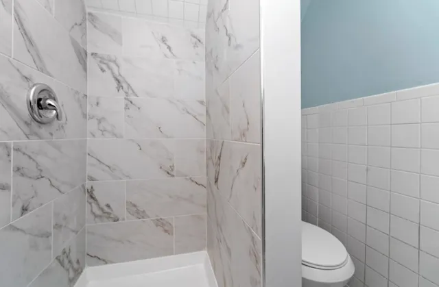 a bathroom with a toilet and a shower