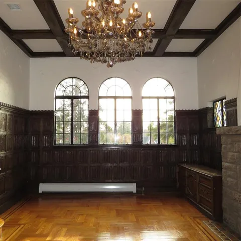 a bathroom with a large window