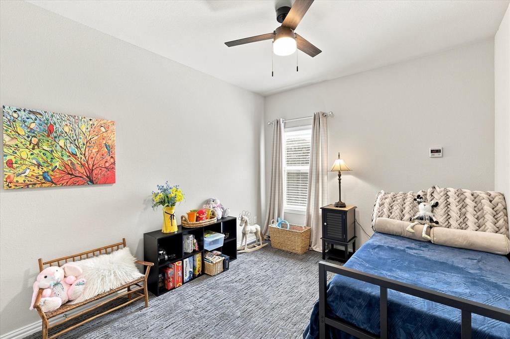 15729 Preble Road Fort Worth, TX 76177 - Photo 25 of 37 Comfortable 3rd Bedroom features a Spacious Layout with High Ceilings, Plush Carpeting, Abundant Natural Light, A Ceiling Fan with Lighting provides Added Comfort, while a Generous Double-Door Closet offers Excellent Storage.