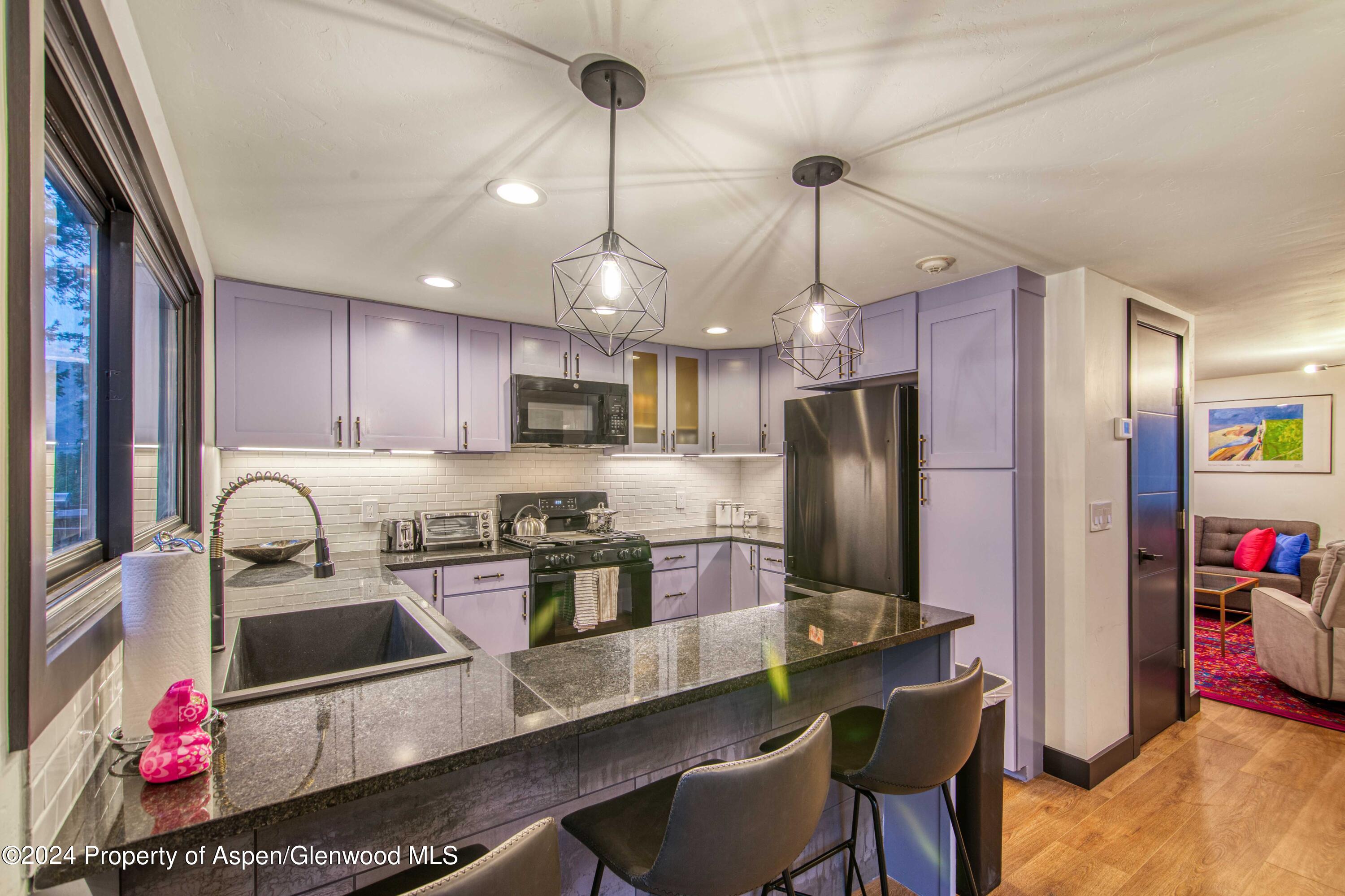 1501 Maroon Creek Road, Unit 6 Aspen, CO 81611 - Photo 35 of 48 a kitchen with stainless steel appliances granite countertop a sink refrigerator and cabinets