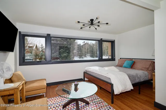 a bedroom with a bed and a couch