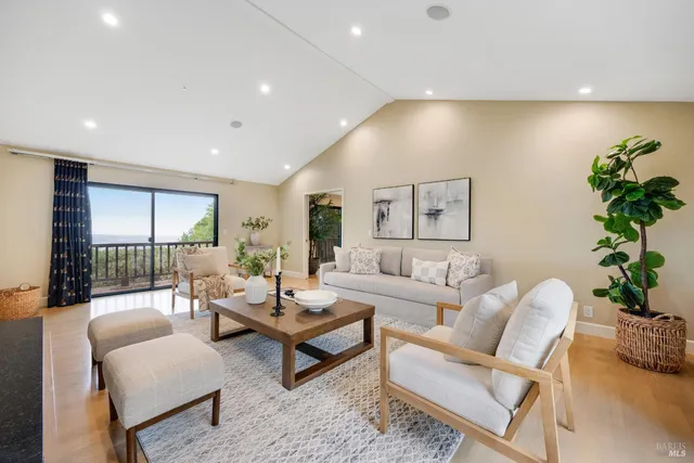 a living room with furniture and a potted plant