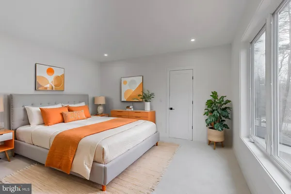 a view of a backyard with large trees