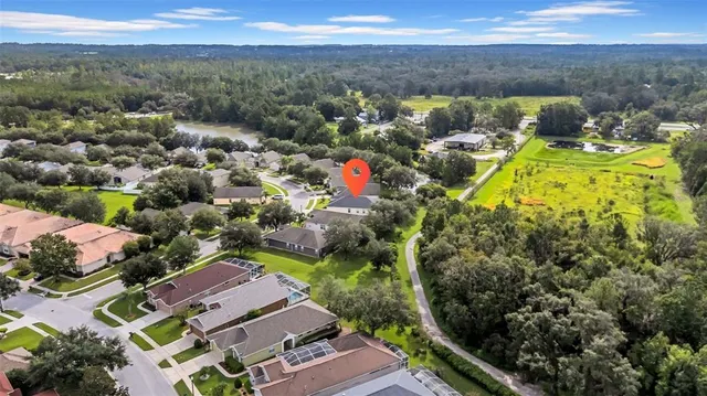 an aerial view of residential houses with outdoor space and trees