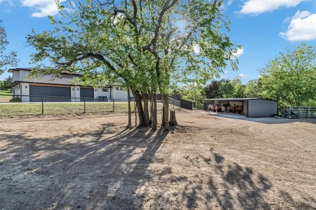 a view of a backyard with large trees