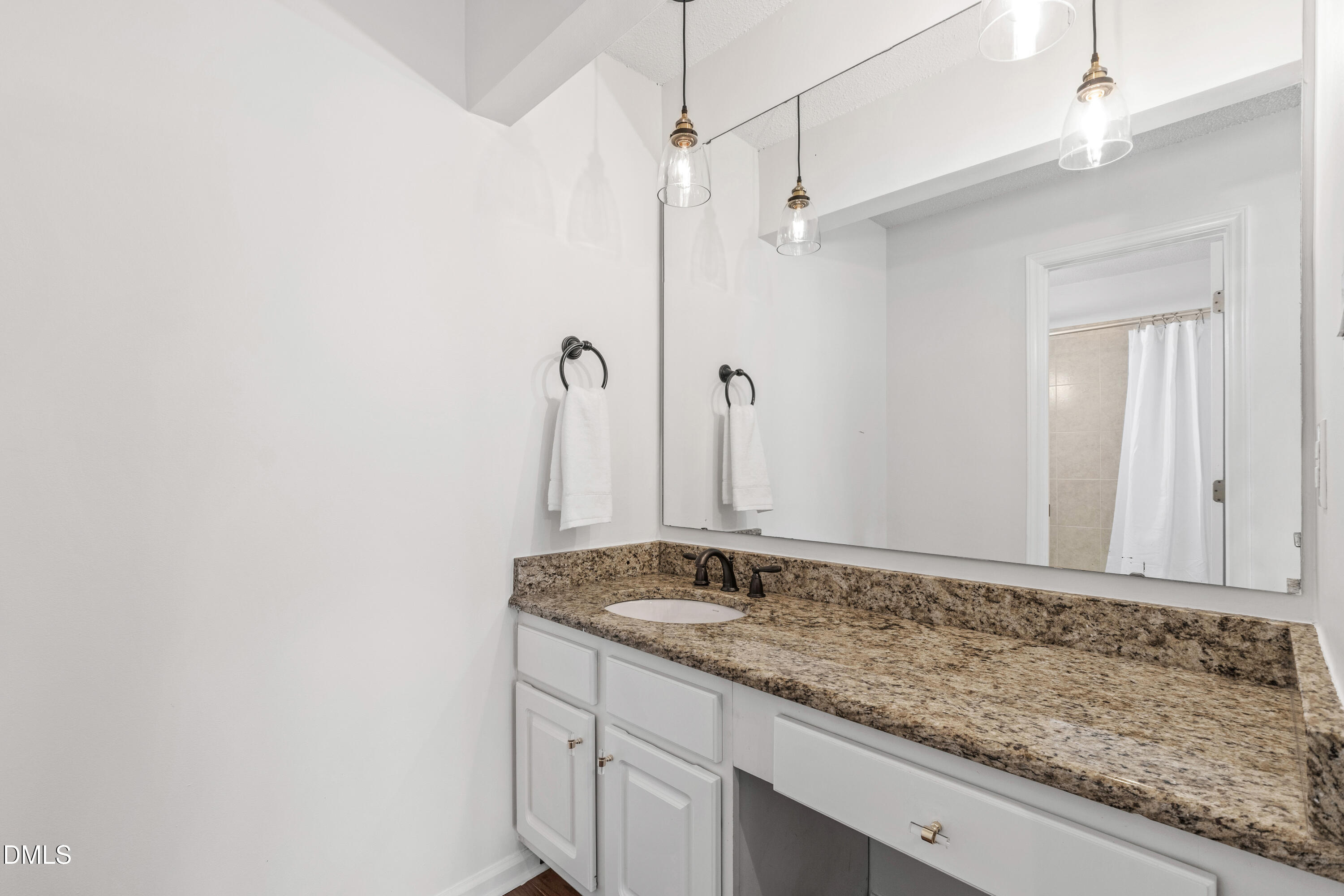 911 Washington Street, Unit 301 Raleigh, NC 27605 - Photo 10 of 22 a bathroom with a granite countertop sink and a mirror