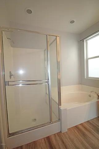 a bathroom with a bathtub and a shower