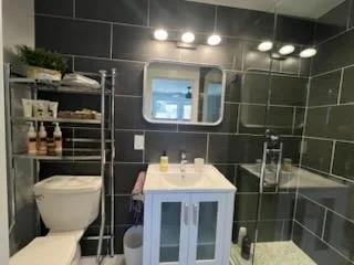 a bathroom with a sink toilet and shower