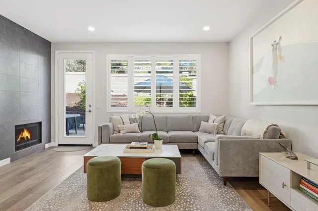 a living room with furniture a fireplace and a floor to ceiling window