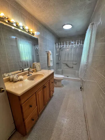 a bathroom with a sink a toilet a mirror and shower