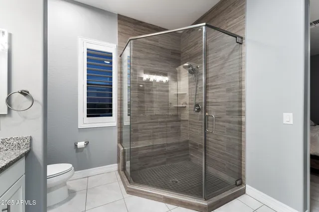 a bathroom with a shower and toilet