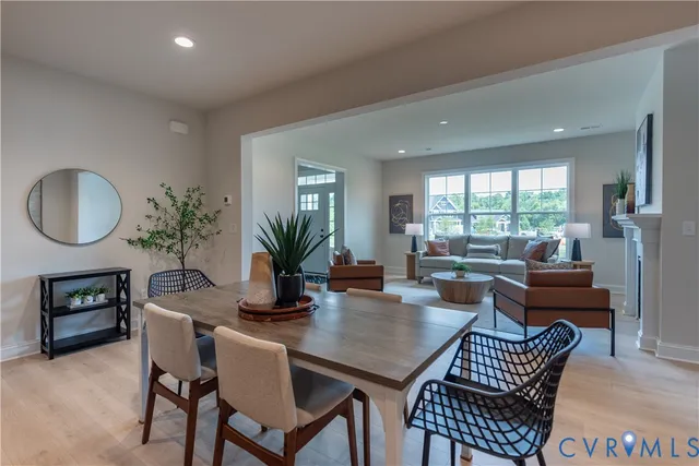 a dining room with furniture a rug and a potted plant