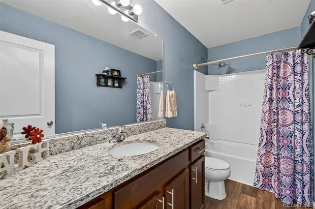 a bathroom with a granite countertop sink toilet and shower
