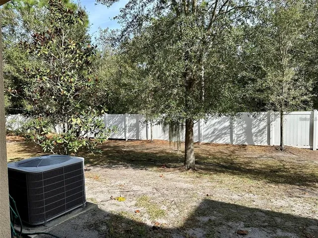 a view of a yard with plants and trees