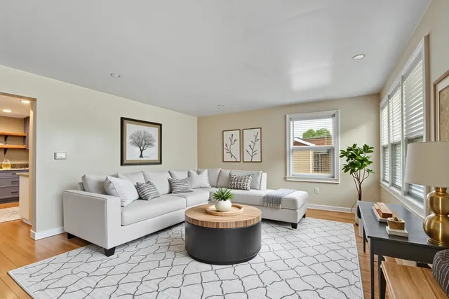 a living room with furniture and a potted plant