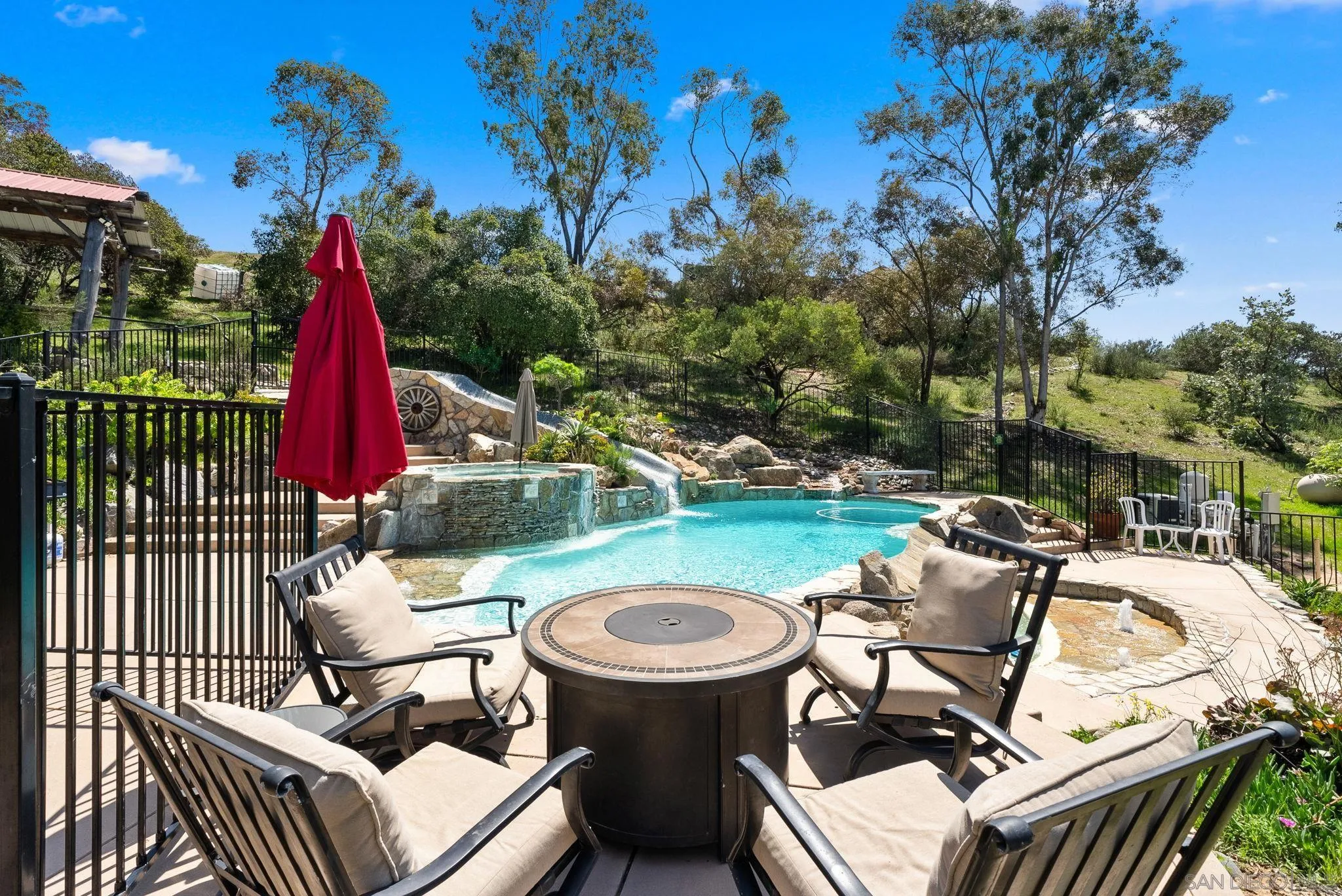 15914 Sequan Truck Trail Alpine, CA 91901 - Photo 36 of 69 a view of a patio with a table chairs and a fire pit