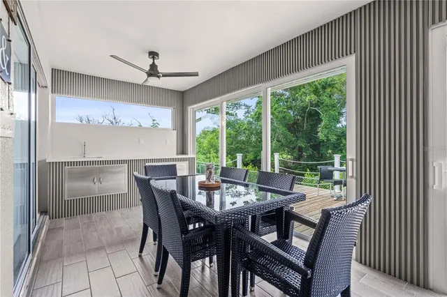 a view of a dining room with furniture window and outside view