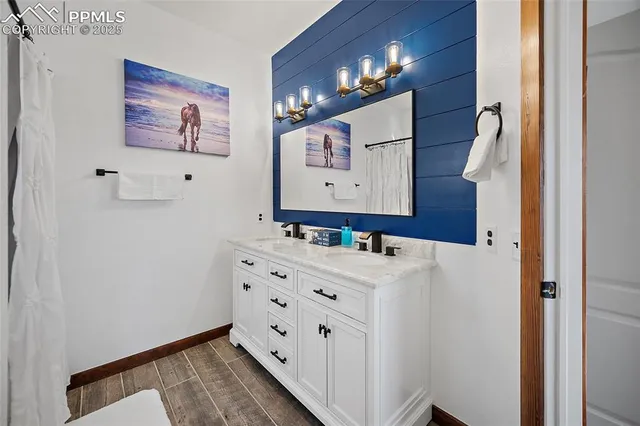 a bathroom with a sink a mirror and a shower