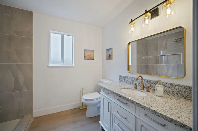 a bathroom with a granite countertop sink a toilet and a mirror