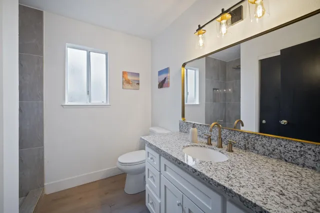 a bathroom with a granite countertop sink a toilet and a mirror
